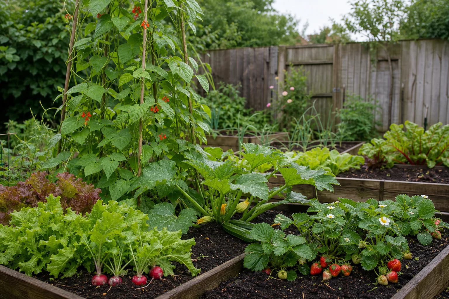Raised beds in a British garden growing runner beans, courgettes, salad leaves, radishes and strawberries.