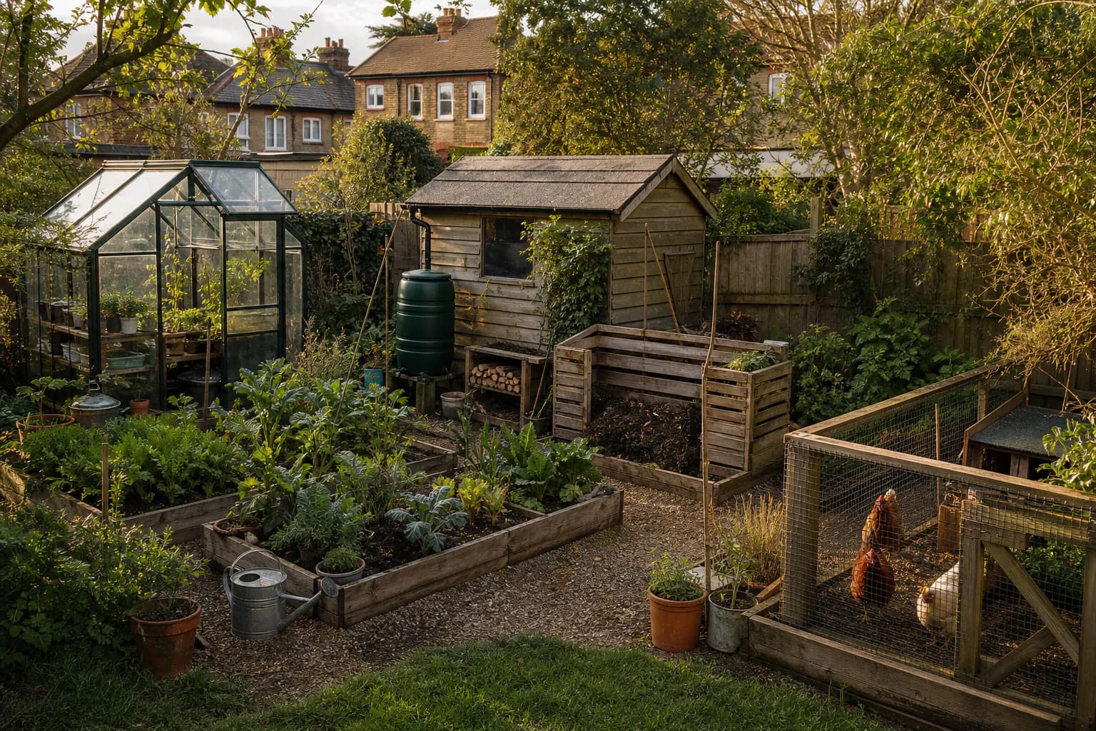 A compact British garden homestead with vegetable beds, a greenhouse, compost bay, water butt and hens.