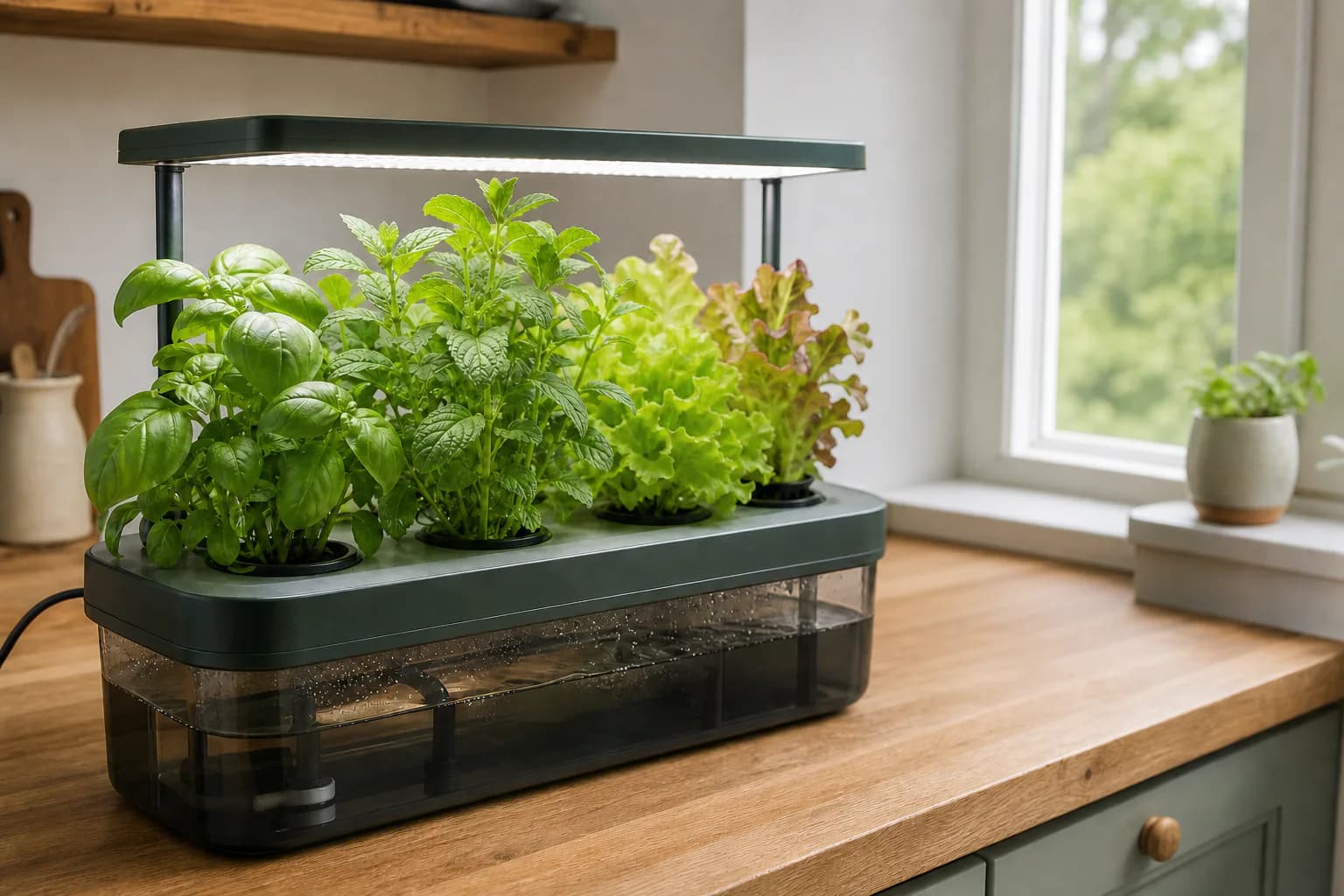 A countertop hydroponic system growing basil, mint and salad leaves beneath an adjustable light.